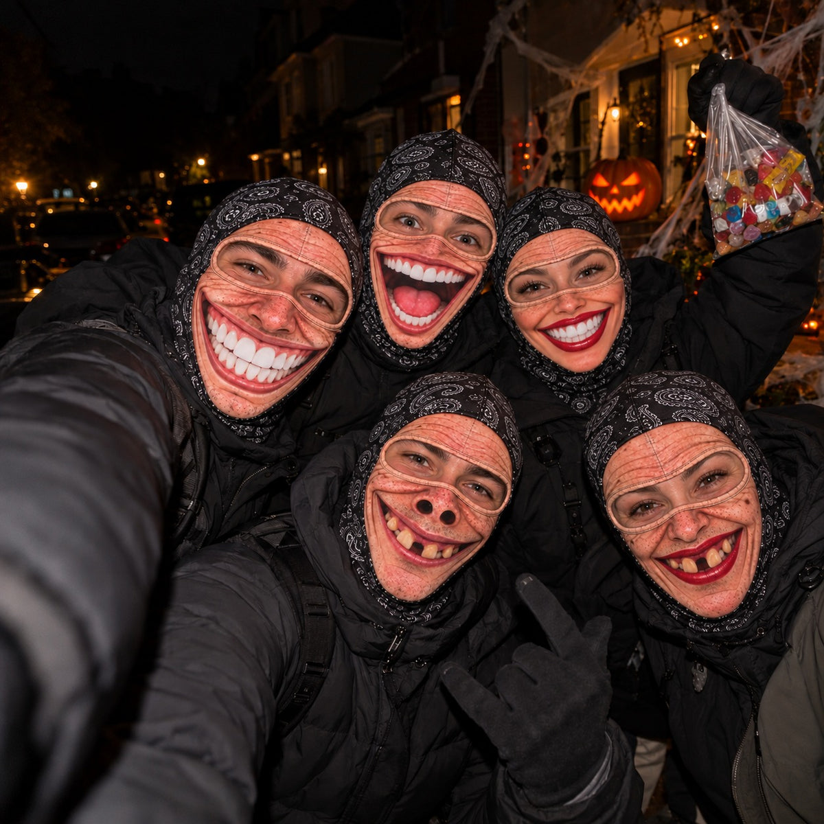 Grupo de amigos con los pasamontañas sonrientes pidiendo caramelos en Halloween