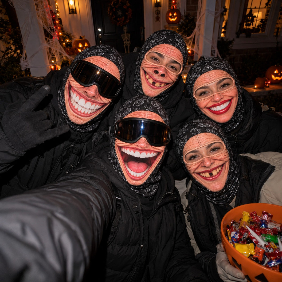 Cinco amigos con los pasamontañas sonrientes pidiendo caramelos en un porche de Halloween